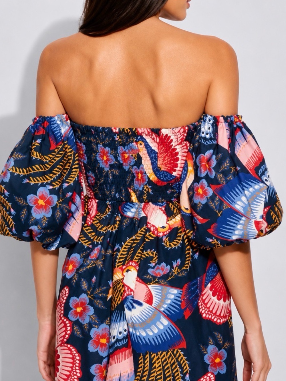 FARM RIO Tropical Bird Print Puff Sleeve Mini Dress Size L - Picture 10 of 12